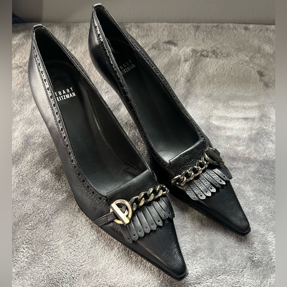 Stuart Weitzman Black Heels with Gold Chain Detail